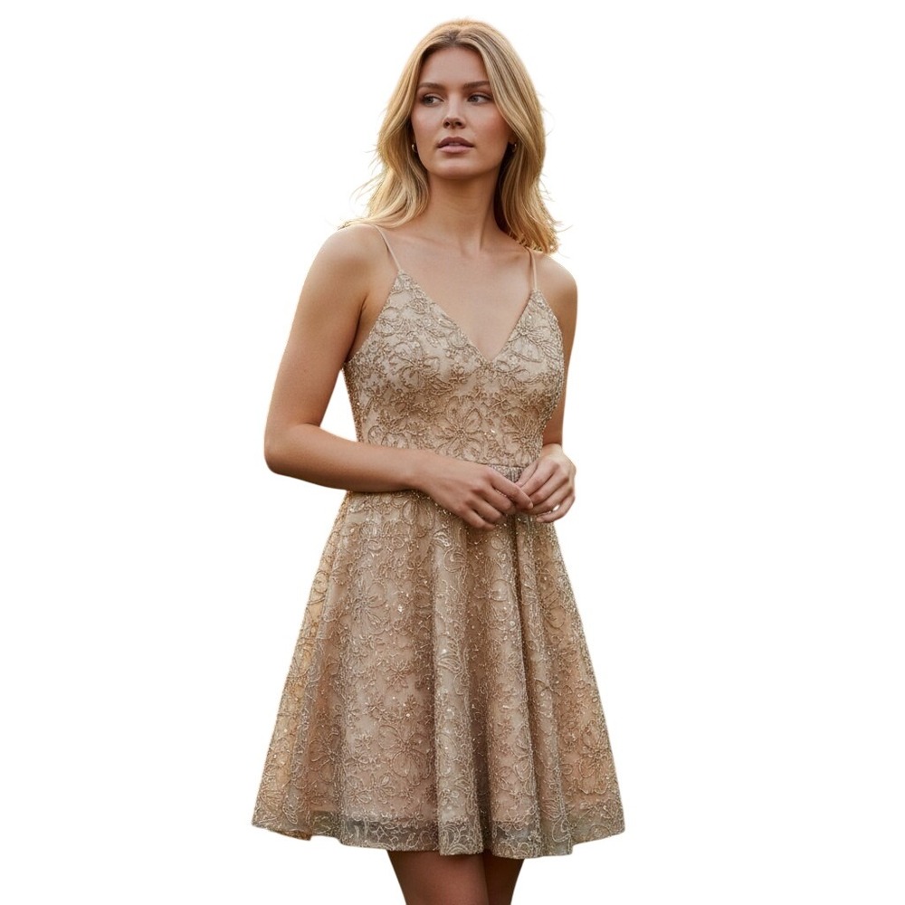 Calvin Klein Dress 2 Nude Floral‎ Lace Sequin Fit Flare Party Babydoll NYE Event